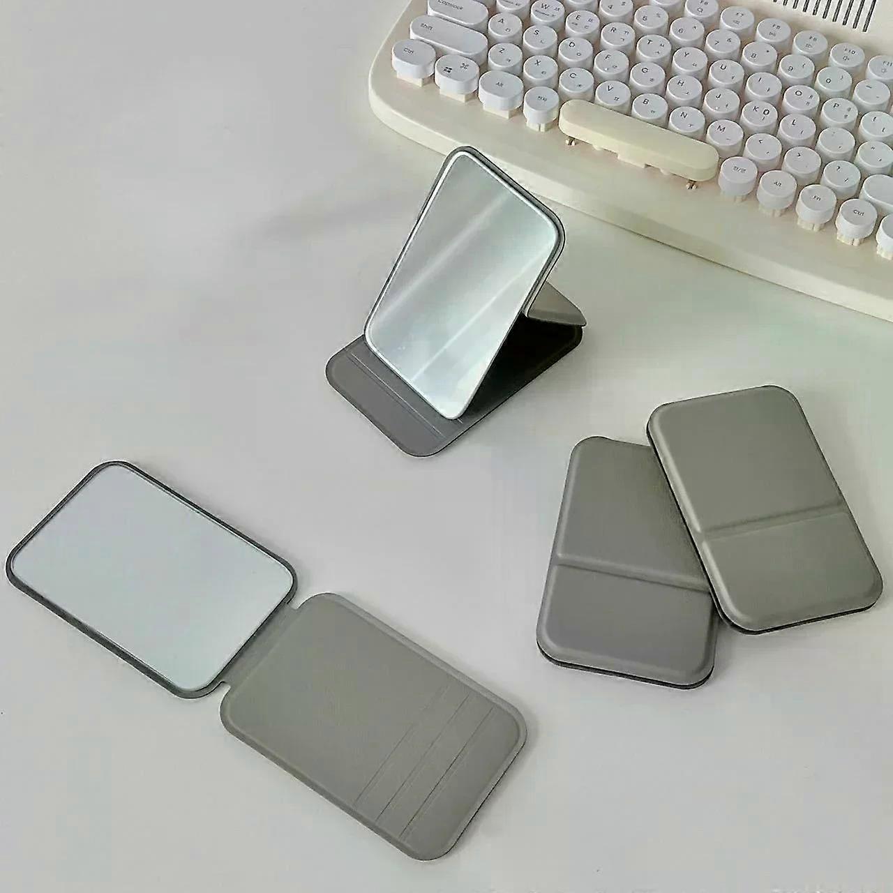 Desktop Makeup Mirror Solid Color PU Leather Simple Portable Handheld Makeup Mirror Foldable Student Compact Cute Pocket Mirror