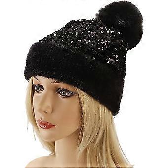 Damen Winter Schwarz Bling Strickmütze Mütze mit Kunstpelz Pom Pom Warme Pailletten