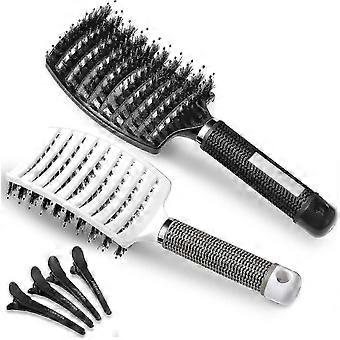 ZWS-2 pieces hair brush, wild boar bristles with 4 pieces hair clip. Brush for thin hair, hair brush for women and men, hairstyle aid