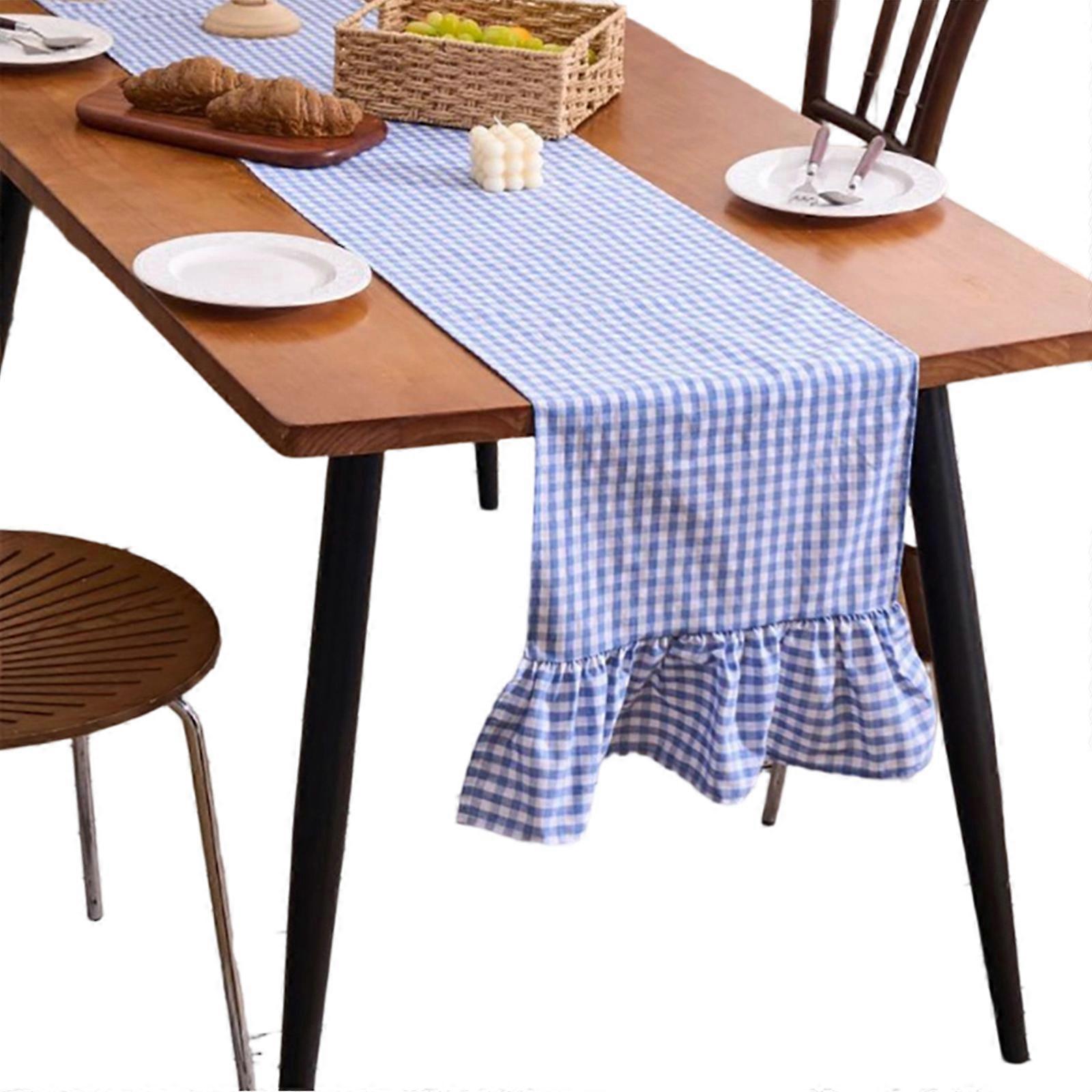 Decorative Table Runner with Checkered Gingham Plaids Pattern and Ruffled Edges, Long Dining Table Accent  mediumblue white