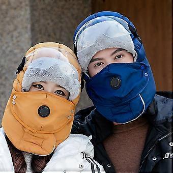 Abnehmbare Gesichtsmaske, durchsichtige Schutzbrille, verstellbarer Klettverschluss, wasserdichte Baumwollmütze, Unisex, Wintermütze mit dickem Fleecefutter, wärmende Reitmütze, Marineblau