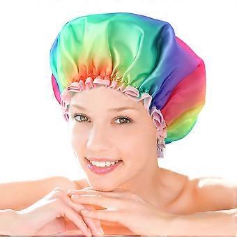 4 Pack Shower Caps for Women  2 M & 2 XL, Double Layer Waterproof, Reusable, Washable, Rainbow Design