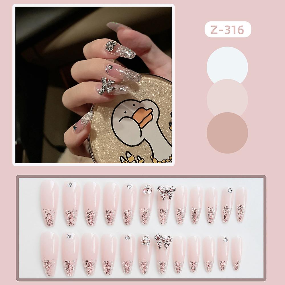 24pcs Glossy False Nails Glitter 3d Bow Long Fake Nails