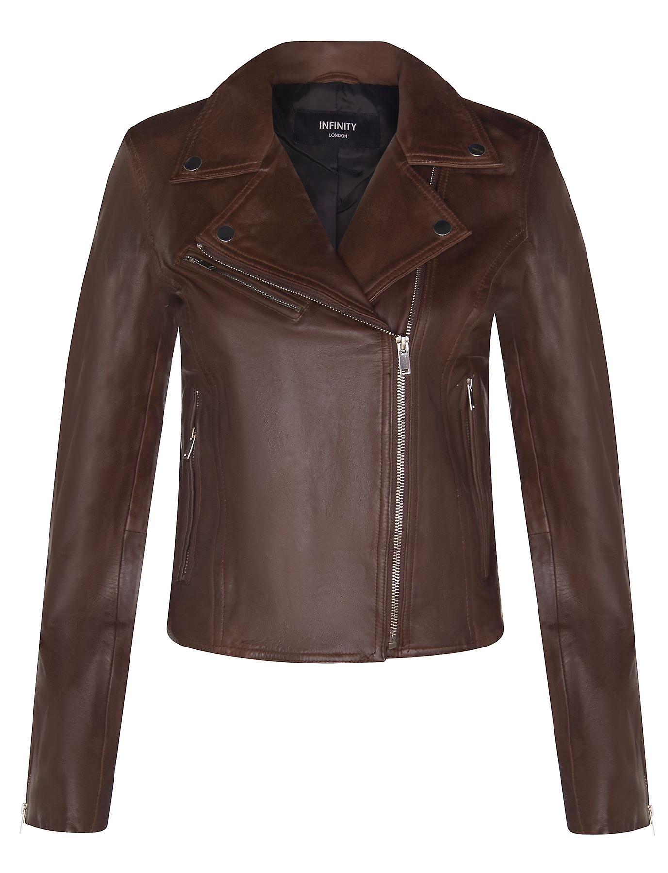 Ladies Classic Biker Style Brown Real Leather Jacket