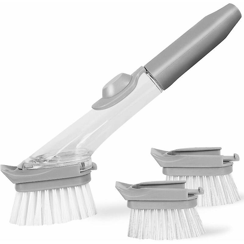 Soap Dispensing Dish Brush, Pots Sink Kitchen Scrubber Brush - With 1 Handle And 3 Brush Heads, Clear / Gray