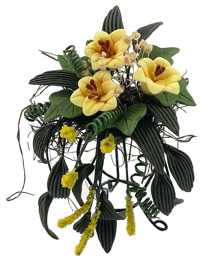 Dolls House Yellow Trailing Flowers On Fancy Black Wire Stand Garden Accessory