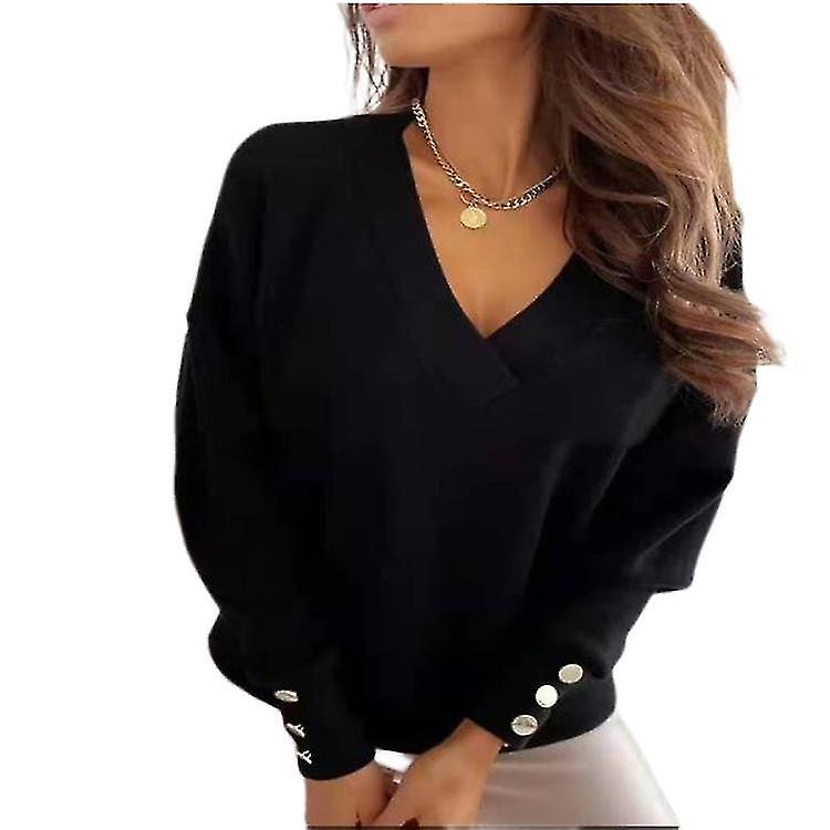 Damen Casual Loose Solid Color Button V-Ausschnitt Langärmeliger Pullover