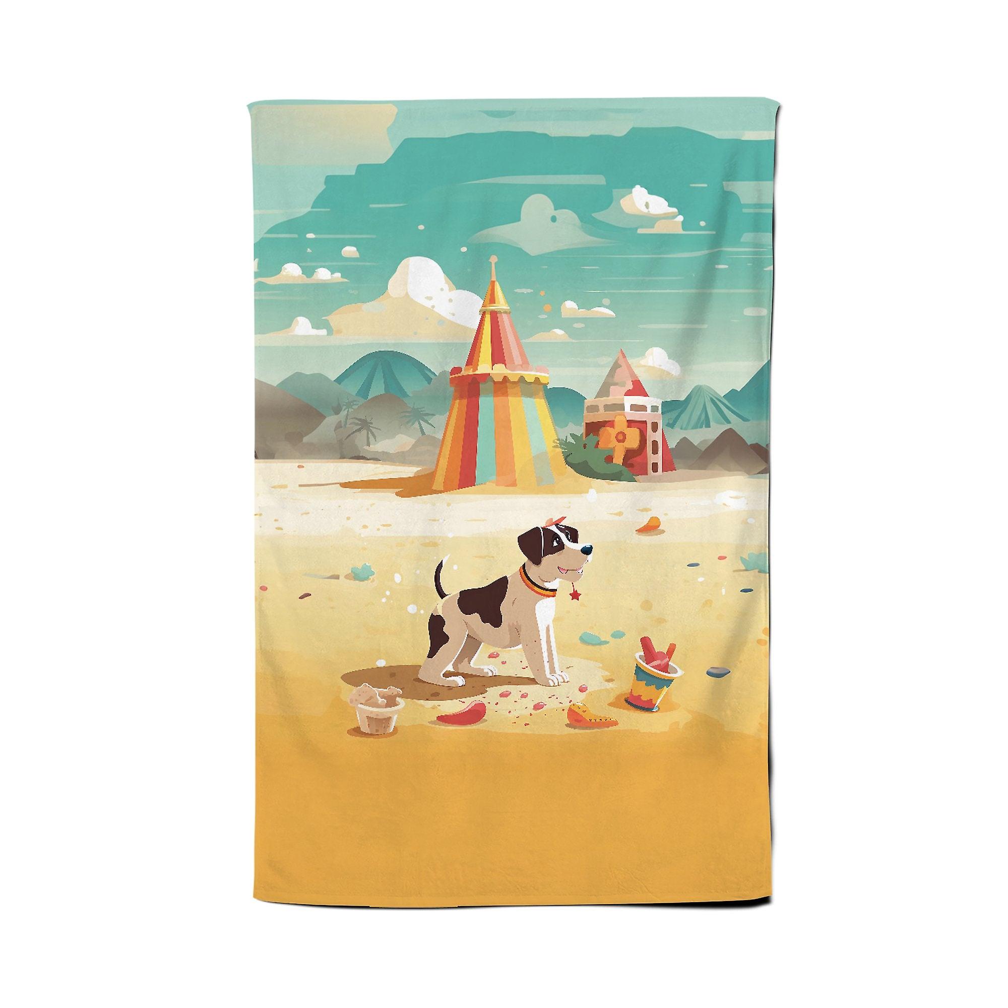 Doggy On A Beach Holiday Tea Towel