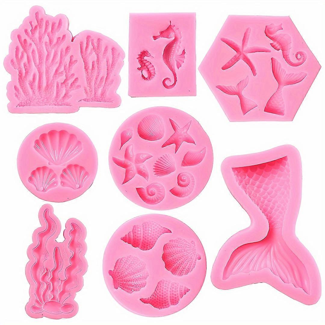 8pcs Mermaid Theme Mermaid, Shell, Seaweed, Coral Silicone Mold For Cupcake Topper Candy, Chocolate, Fondant Cake Baking Mold, Polymer Clay, Craft Pla