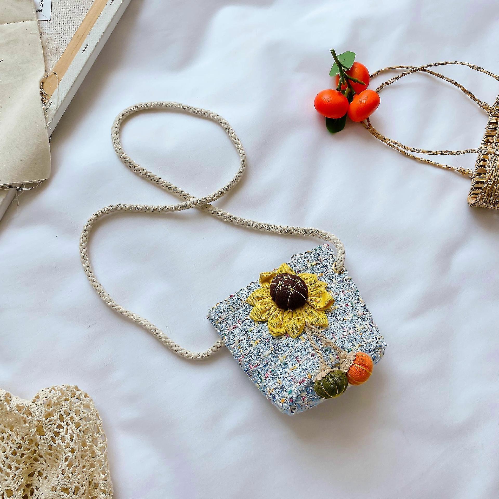 حقيبة كتف منسوجة للأطفال ، محفظة ، شكل لطيف 12 * 17 سم (أزرق + عباد الشمس)