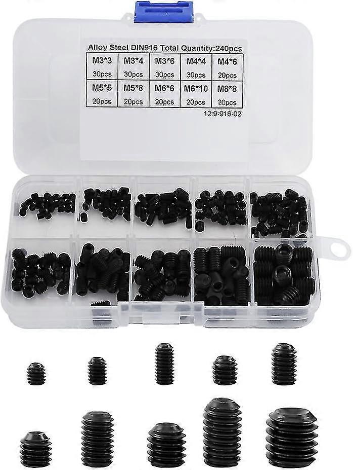 Pack of 240 Pcs M3-M8 Black Color Alloy Steel Hex Grub Screw Nuts Cores Thread Cup Point Machine Assortment Kits Chisel