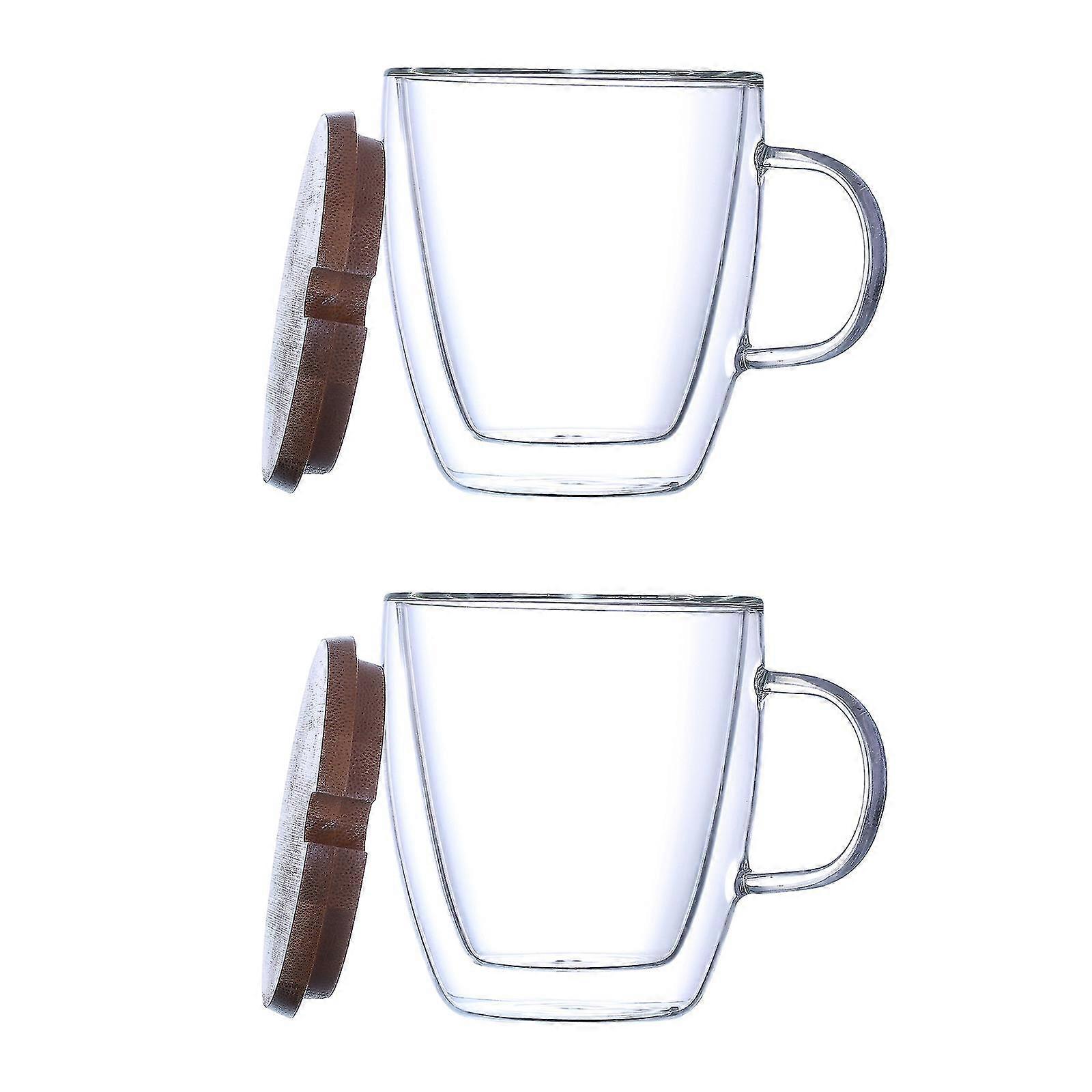 Double Insulated Clear Coffee Mugs,2pcs 11.8oz Espresso Cup With Lids,handle Design For Lattes, Tea