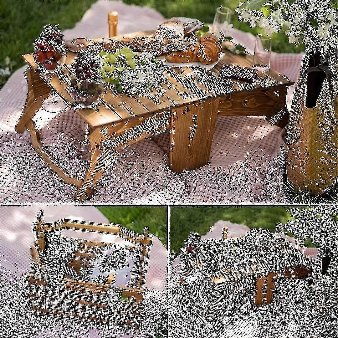 Wooden Outdoor Folding Picnic Basket Table, Portable Wine Picnic Table, 2-in-1 Picnic Table Convertible Storage Wooden Basket, For Picnic Outdoor On T