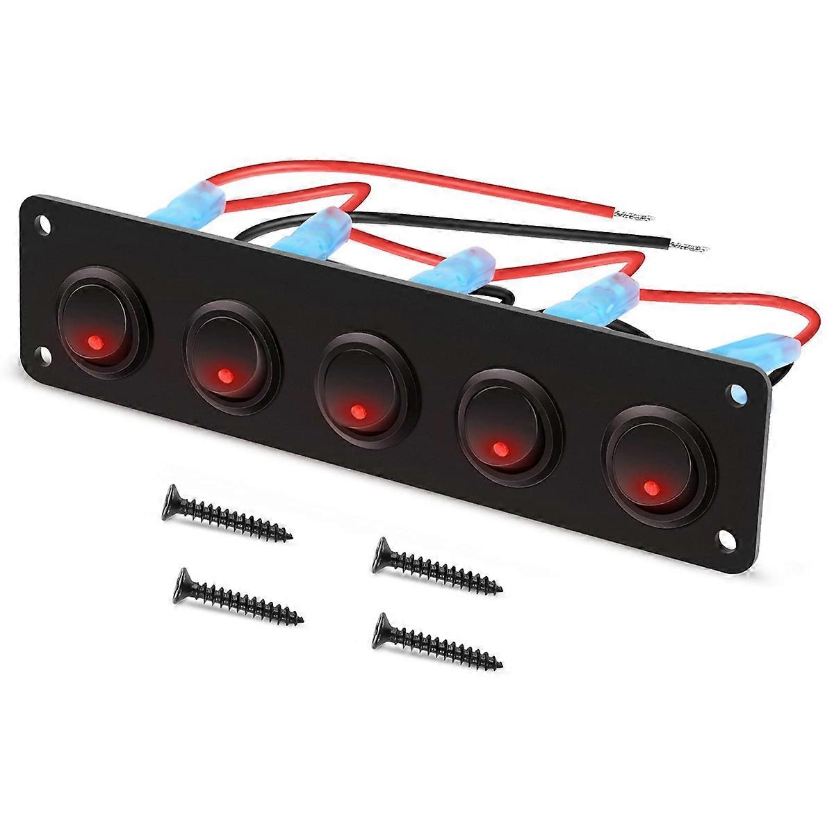 5 Gang Round Dash Rocker Toggle Switch Panel Waterproof 12-24V LED for RV Ship Yacht Marine Car Mar