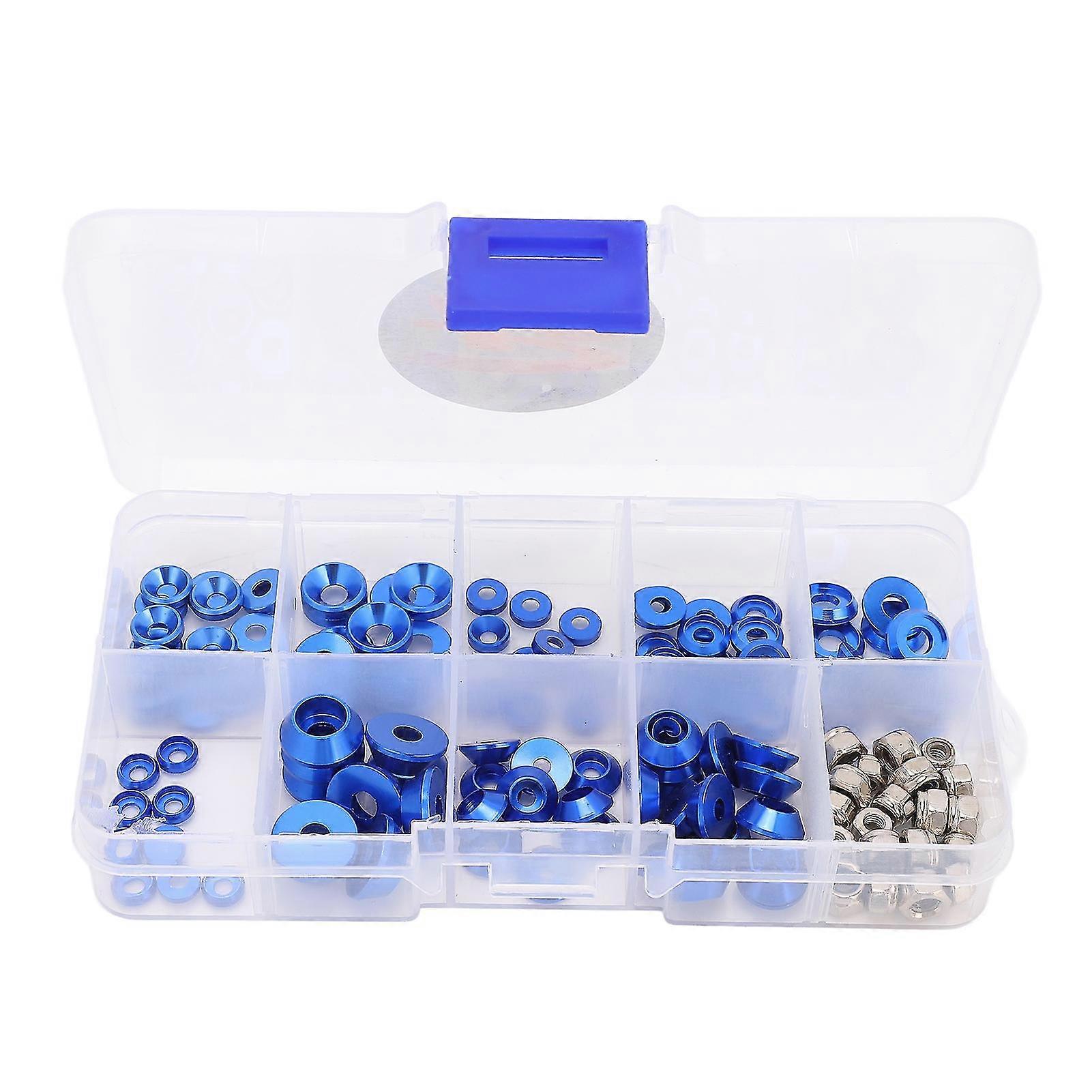 RC Screw Washer Kit CNC Machining Aluminum Alloy RC Flat Washer Cup Head Gasket Round Head Washer Nut for 1/10 1/8 Blue