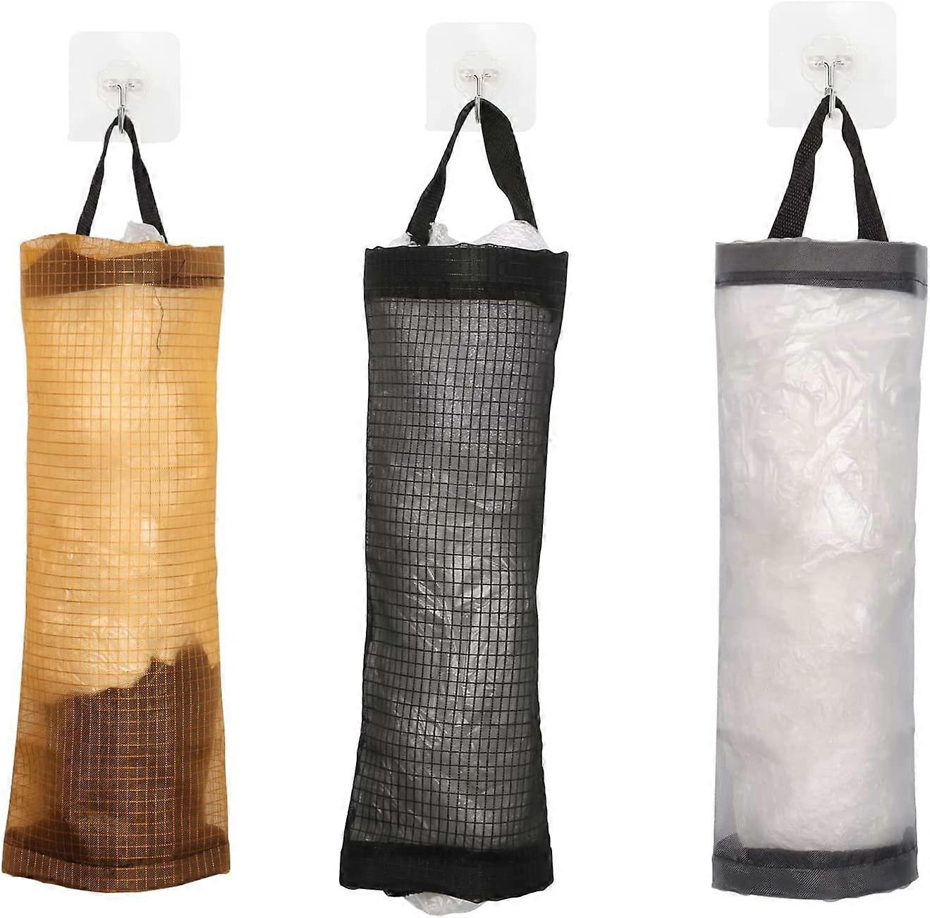 Lot de 3 distributeurs de sacs en plastique lavables - Support mural pliable en maille - Pour cuisine, salle de bain, salon, bureau, camping-car, jaun