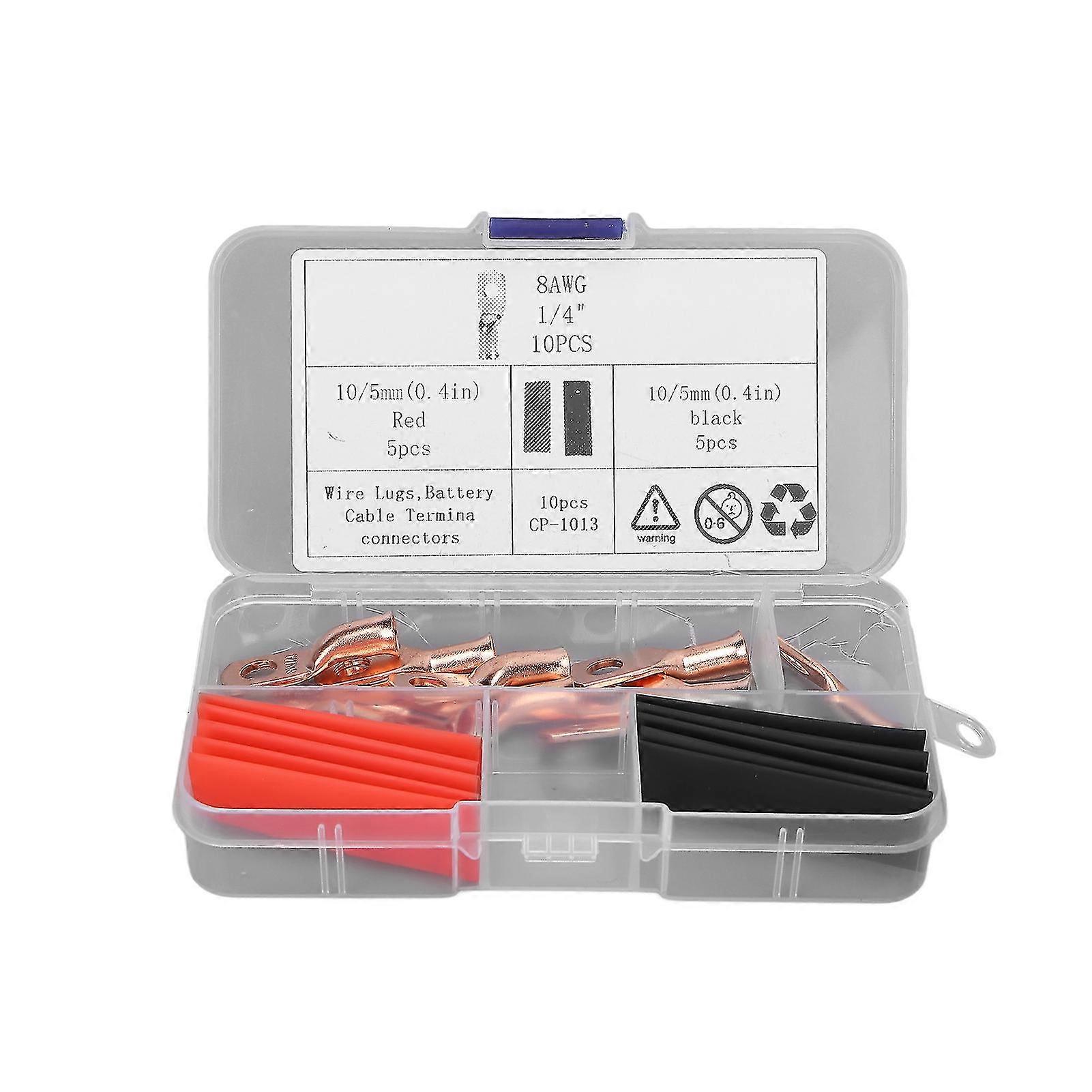 Battery Terminal Connectors with Heat Shrink Tubing - Pack of 10, AWG 8x14 Copper Wire Lugs