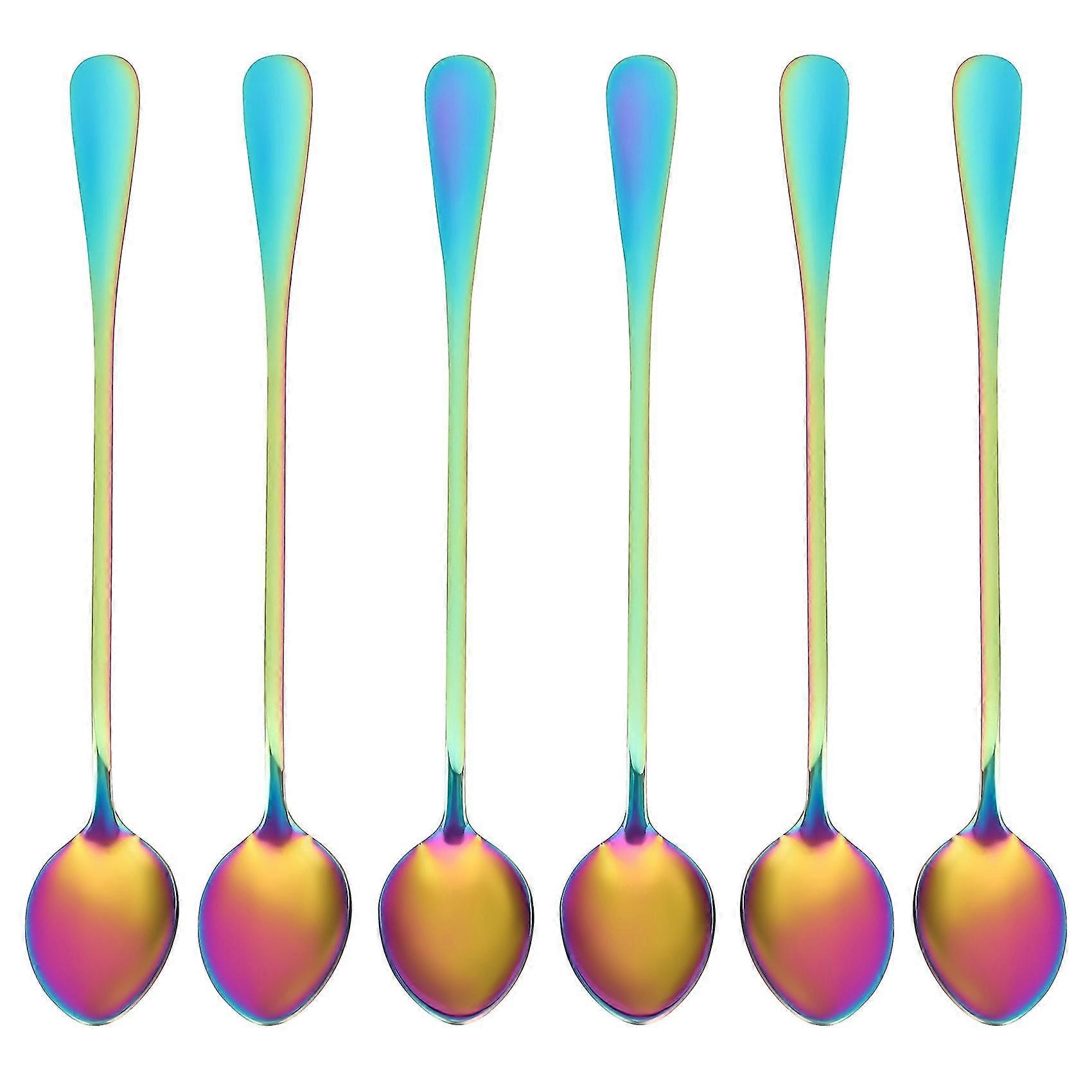 Coffee Teaspoons, 6 Rainbow Color Coffee Spoon Long-handle Ice Cream Desert Spoon Stir Spoons Mixin