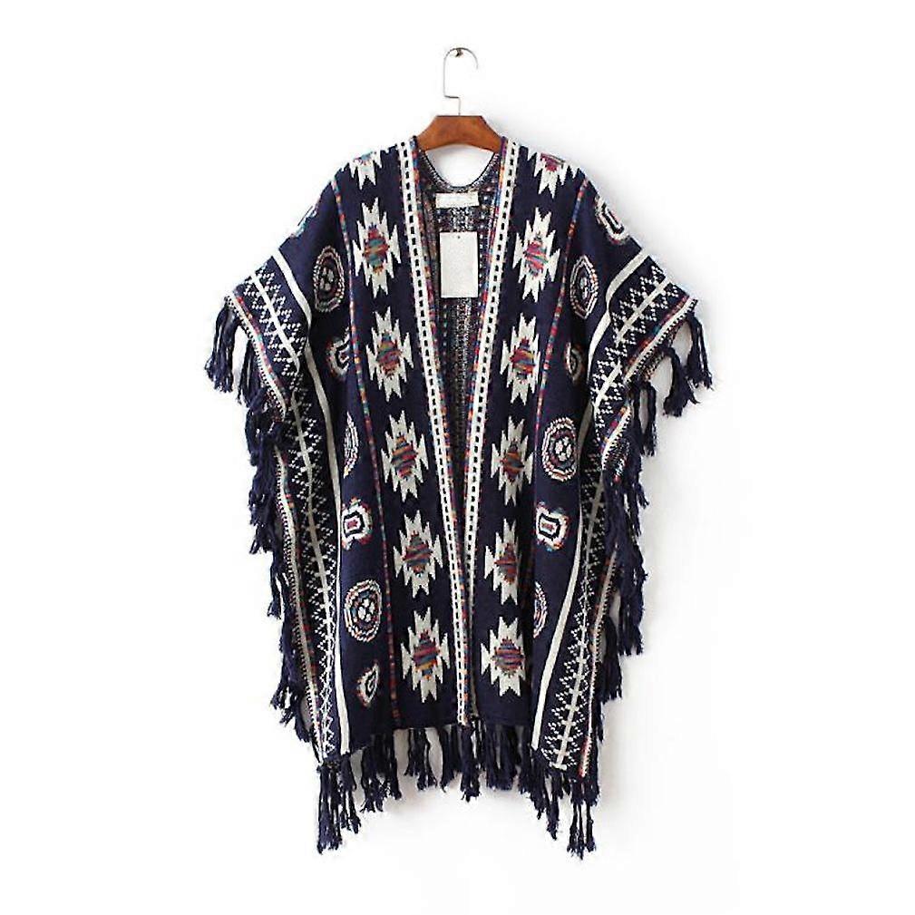 Shawl Wrap with Geometric Pattern Ethnic Style Fringed Hem Cape for Lady