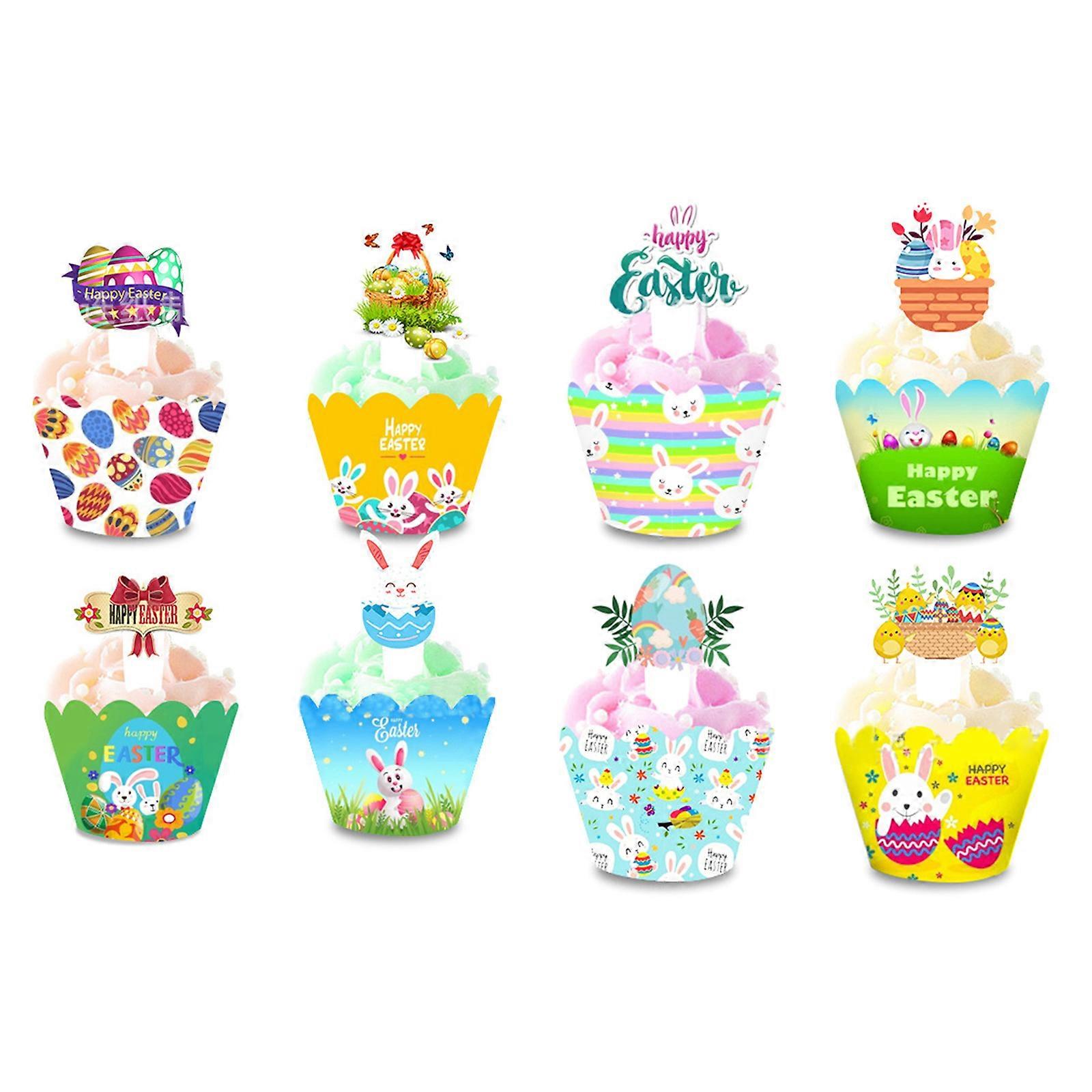 16 Sets Hollow Bottom Cupcake Wrappers Easter Patterned Cupcake Toppers Paper