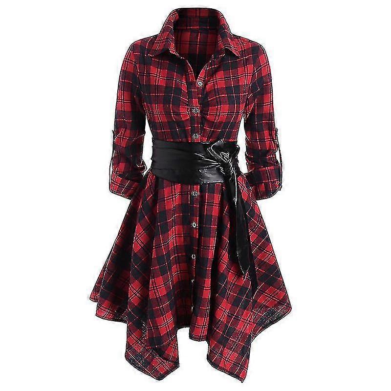 Damen Kariertes Kleid Langarm Button Down Hemdkleid