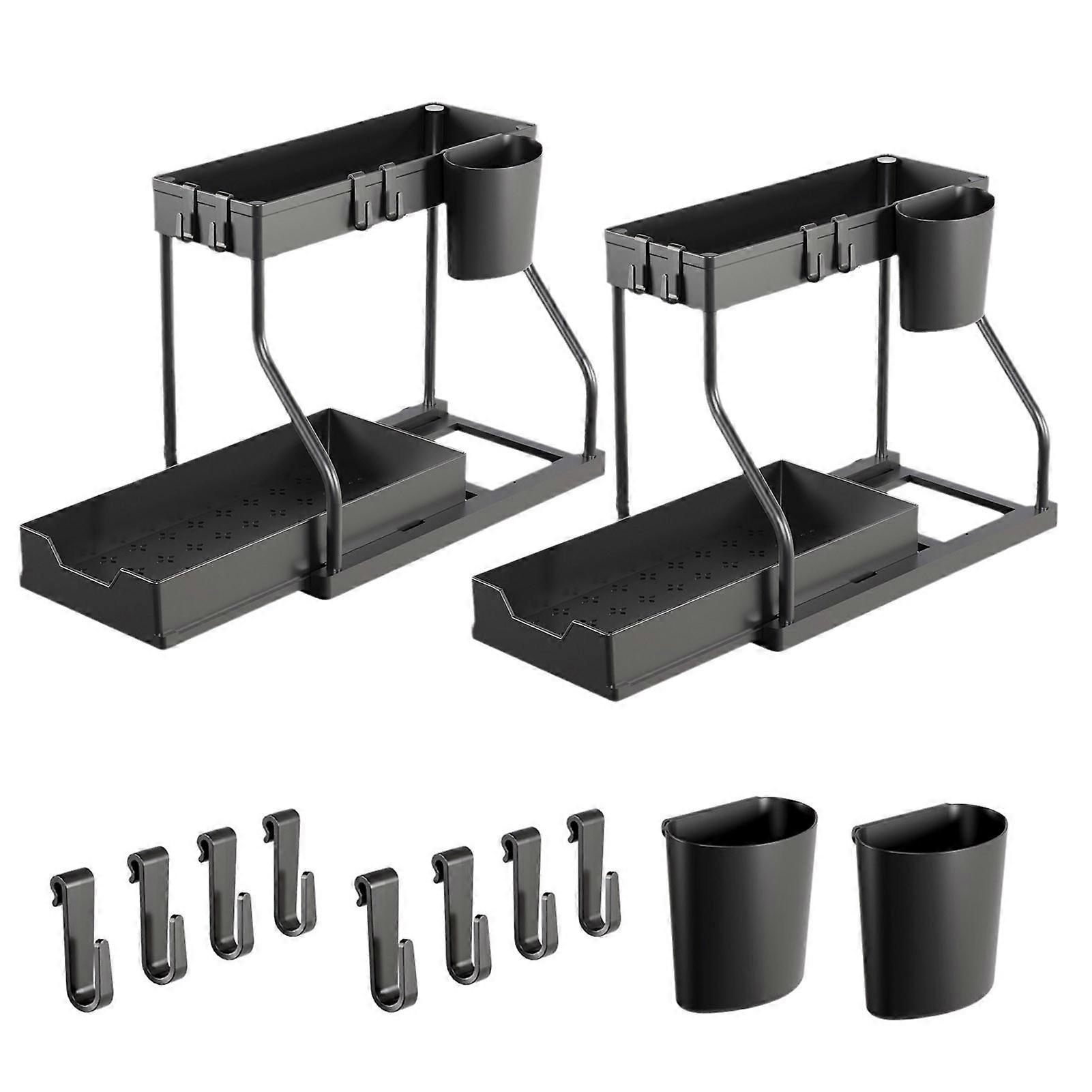 2Pcs Under-Sink Storage Rack with Sliding Drawer L-Shaped Design Simple Installation Multi-purpose Bathroom Cabinet Organizer