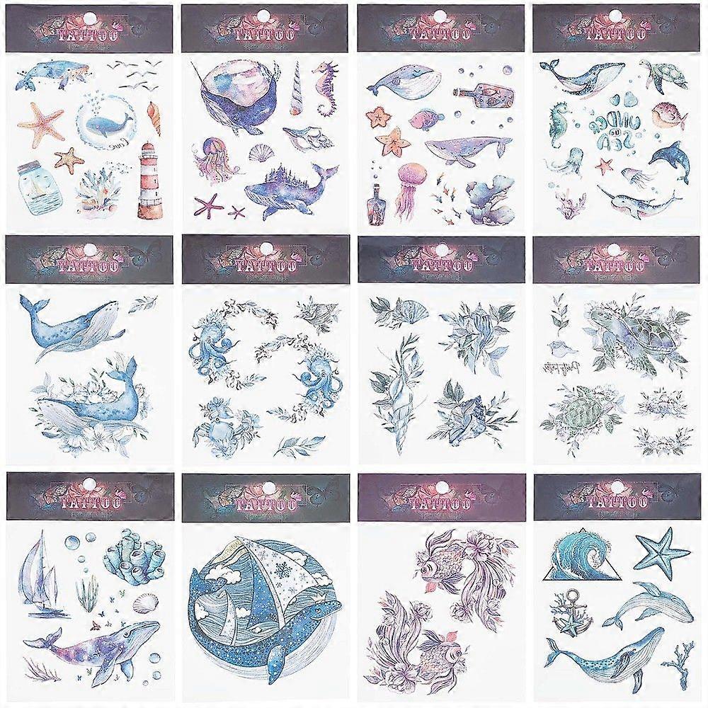 12 Sheets 12 Style Ocean Theme Cool Sexy Body Art Removable Temporary Tattoos Paper Stickers Mixed Patterns 15x10.5x0.03cm 1 sheet/style
