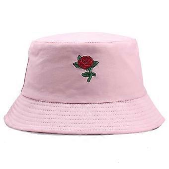 Rose Embroidered Bucket Hat Men's Women's Outdoor Sunscreen Sunhat (pink)