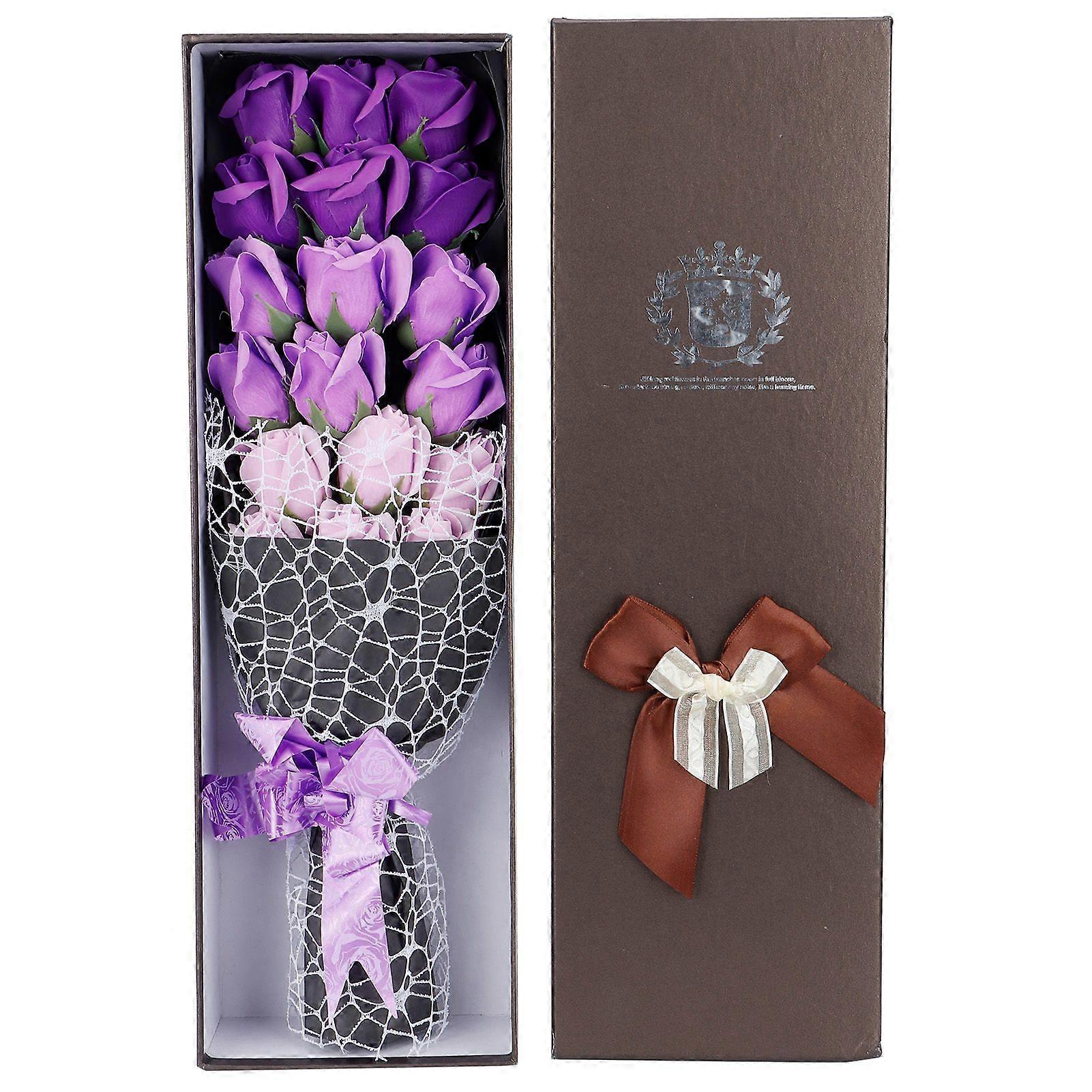 Artificial Soap Flowers Rose Bouquet Gift Box Simulation Rose Valentines Day Birthday Gift18Pcs Gradient Purple + Box