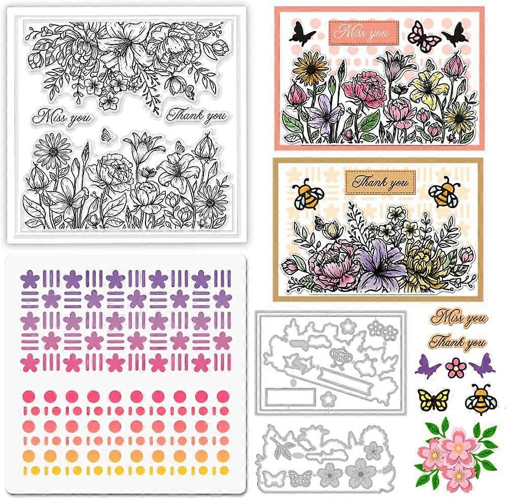 Flower Background Clear Stamp Butterfly Bee Cutting Die PET Paint Craft Template Stencils Set for Card Making and DIY Embossing Scrapbooking Craft Dec