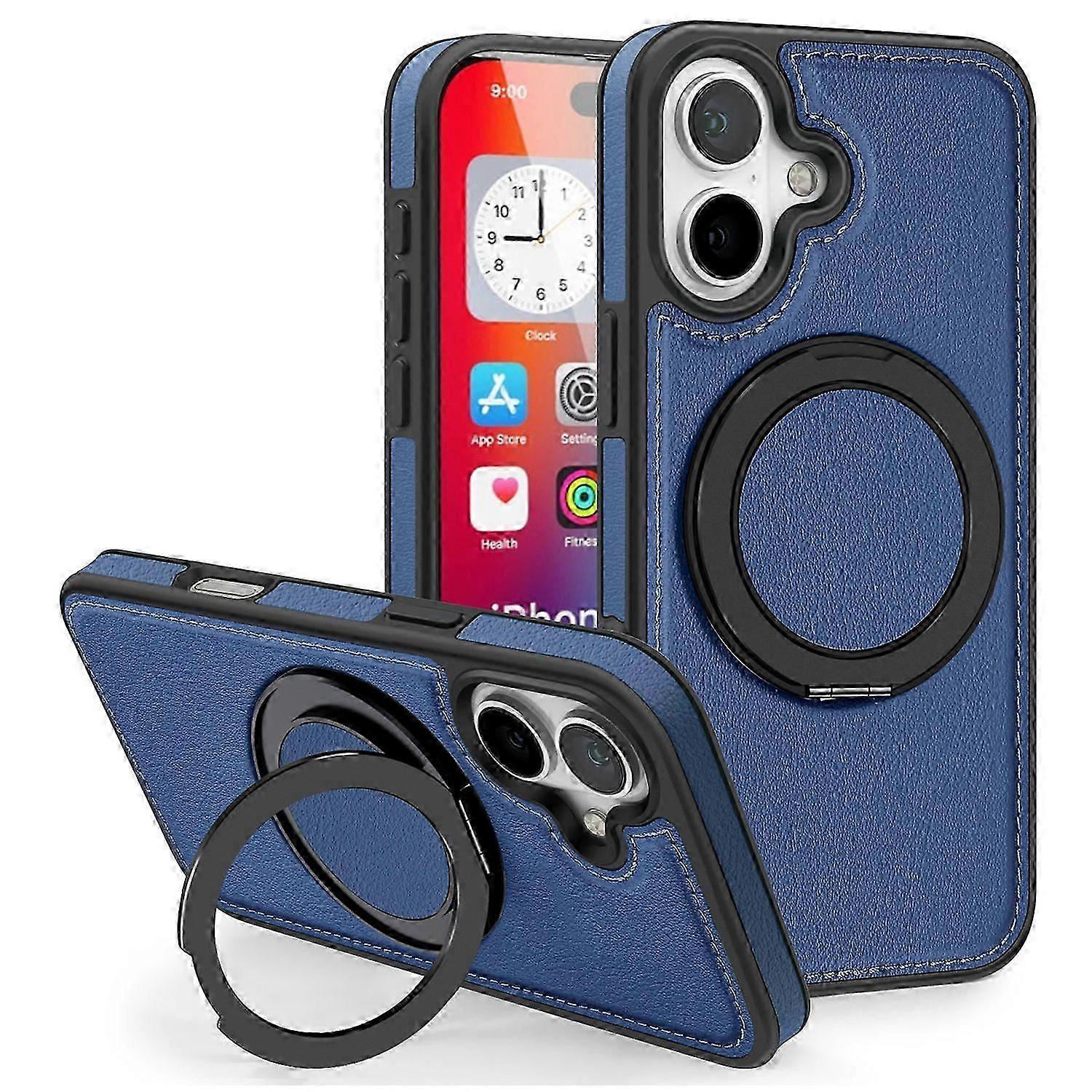 For iPhone 16 Magnetic Case Rotate Ring Kickstand PU Leather+PC+TPU Back Cover