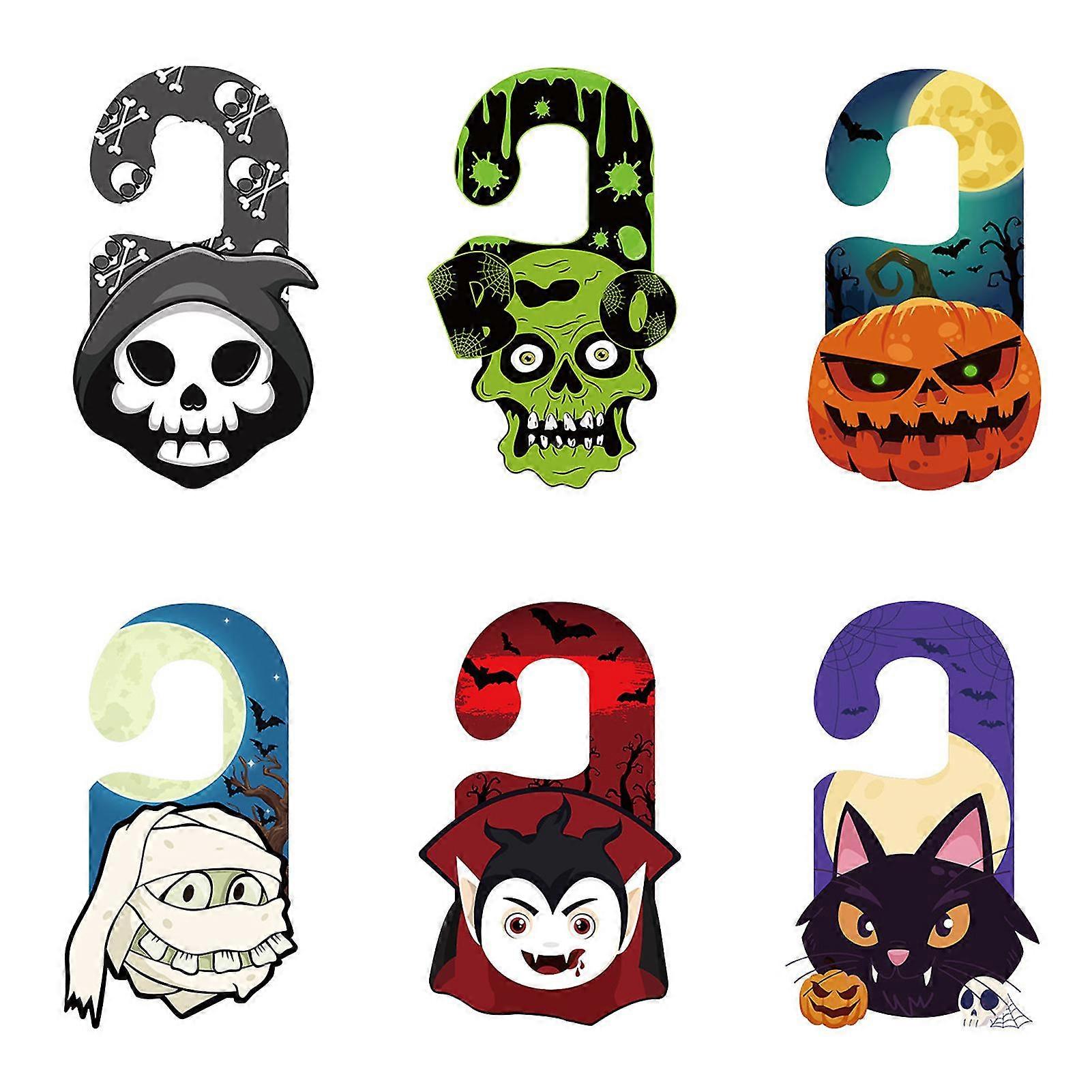 Hanging Door Signs, Set of 6 with Halloween - themed Designs including Skull, Pumpkin, Mummy, Vampire, and Black Cat for Festive Decor