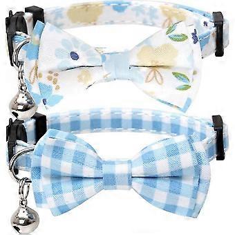 2 Pack/Set Cat Collar Breakaway with Cute Bow Tie and Bell Plaid Flower for Kitty Adjustable Safety - Blue