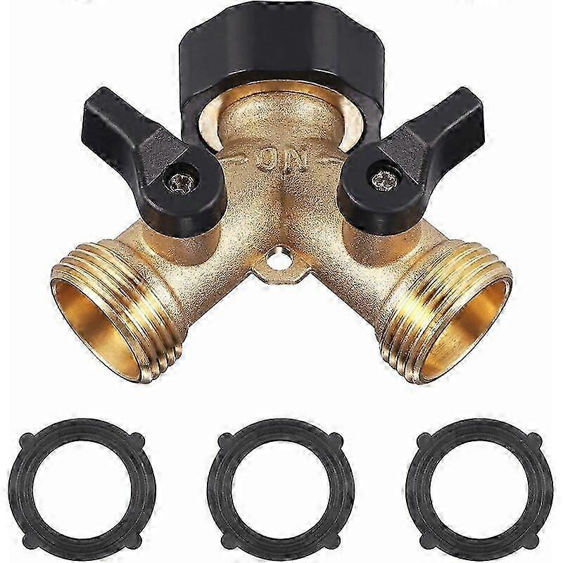 Hose splitter, Heavy - duty brass construction with two separate on - off valves, Includes 3 rubber washers for a tight seal