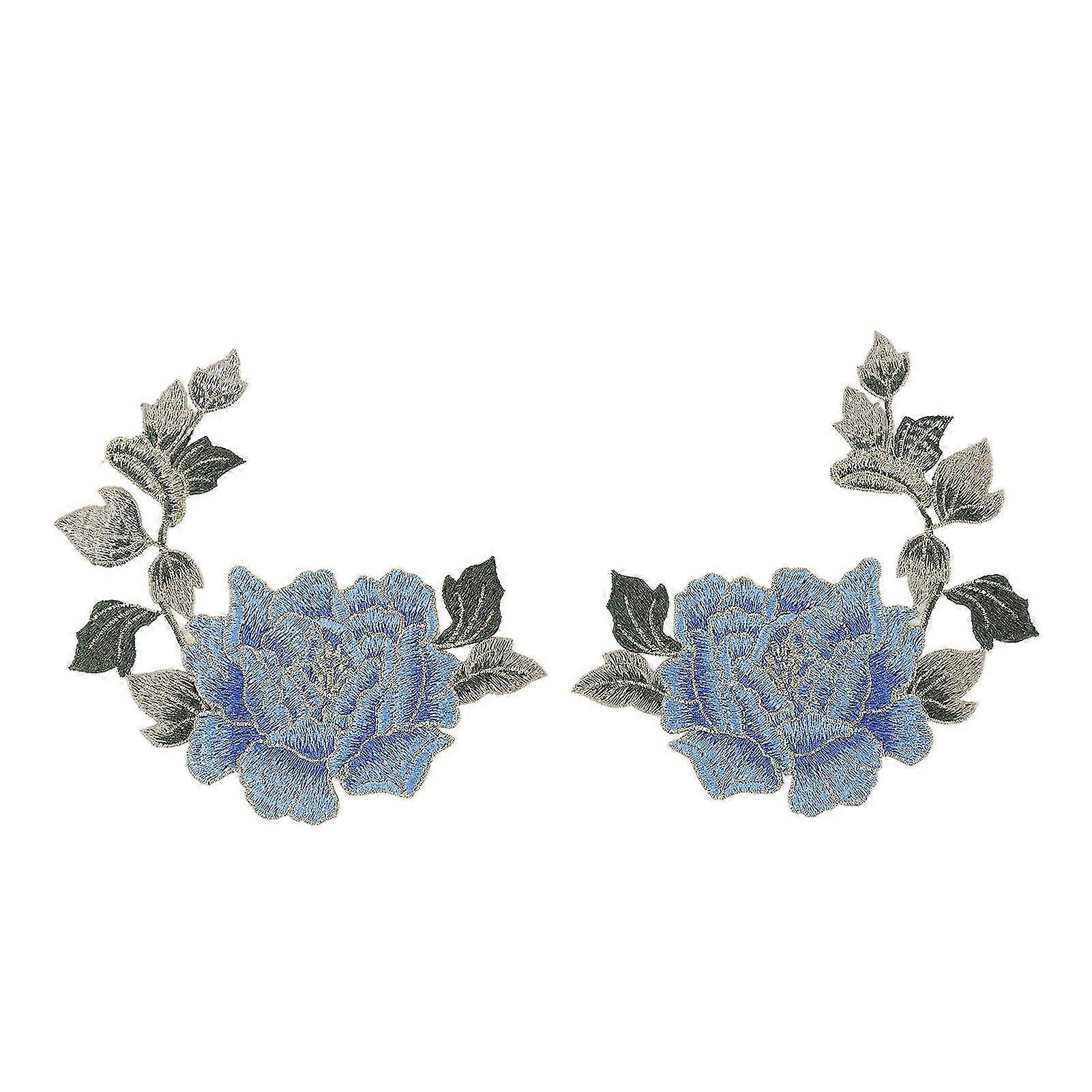 1 Pair Flower Embroidery Patches Beautiful Flowers Pattern Embroidered Applique Iron On Patches for DIY Clothes Blue