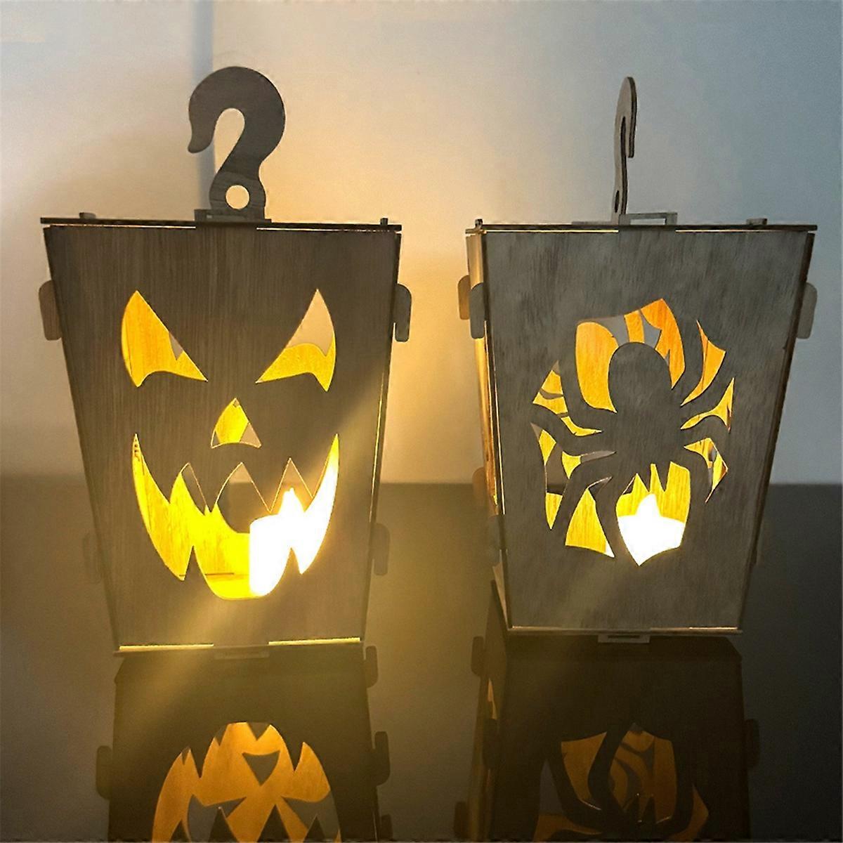 Halloween Wooden Lighted Pumpkin for Tabletop, Light Up Pumpkin Ghost Lamp Lantern Shadow Box Hallow