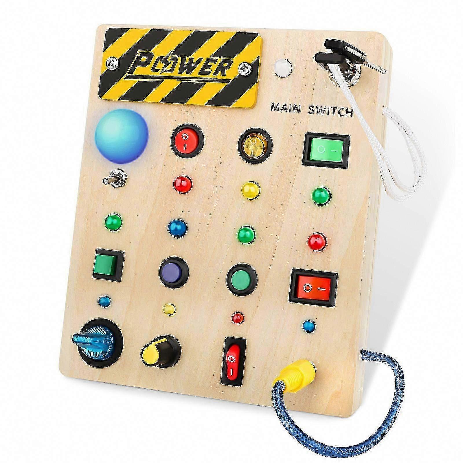 ライトとスイッチ付きのインタラクティブな木製のビジーボードのおもちゃ - 1〜3歳の幼児のための完璧な楽しいギフト