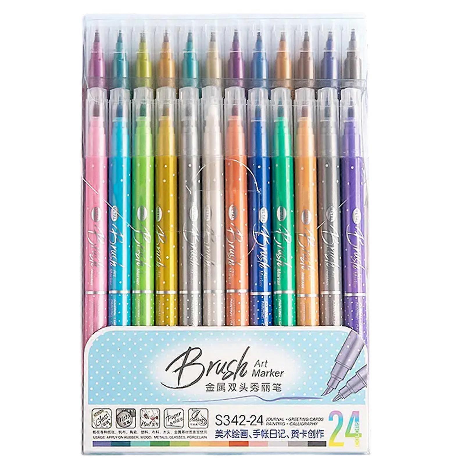 Metallic Color Highlighter Brush Pen 6/12/24 Color Double Tip Glitter Marker for Scrapbooking Notebook Journal Coloring