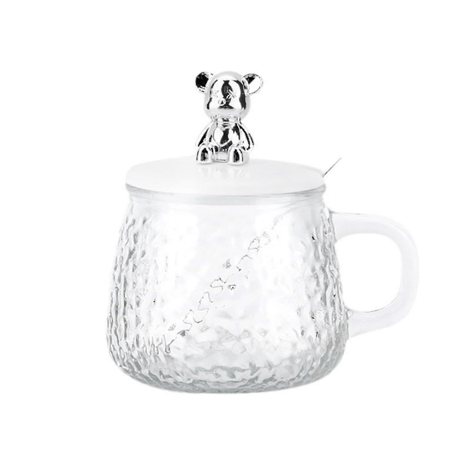 Coffee Mugs and Overnight Oats Containers, 14oz Clear Embossed Glass Cups with Plastic Lids and Spoons, 8x8.2cm