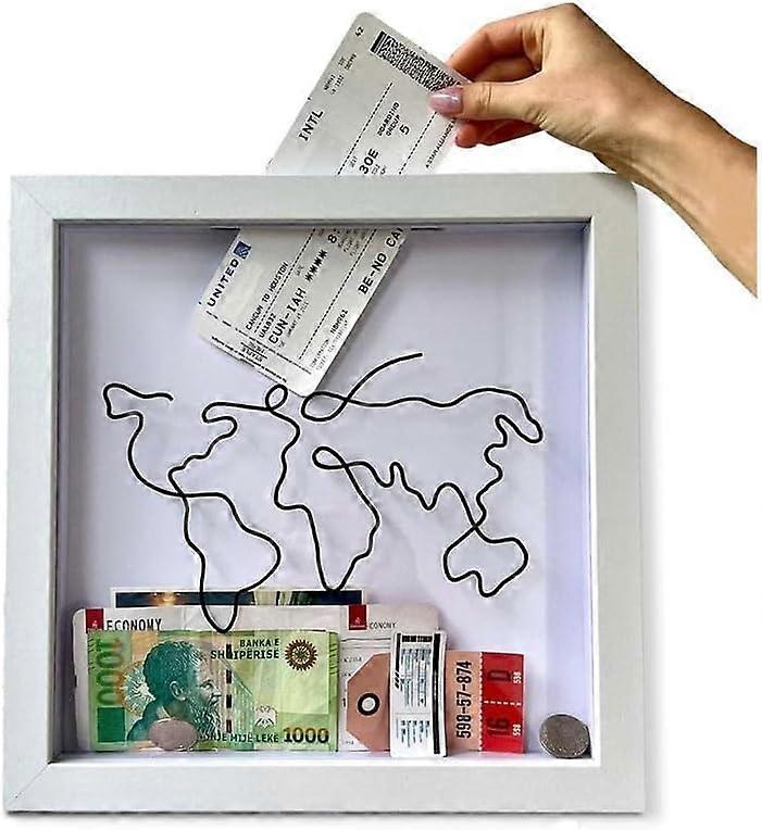 Travel Adventure Archive Box, 12x12 Inch Ticket Shadow Box with Slot, Black Keepsake Display with World Map and Plane Design
