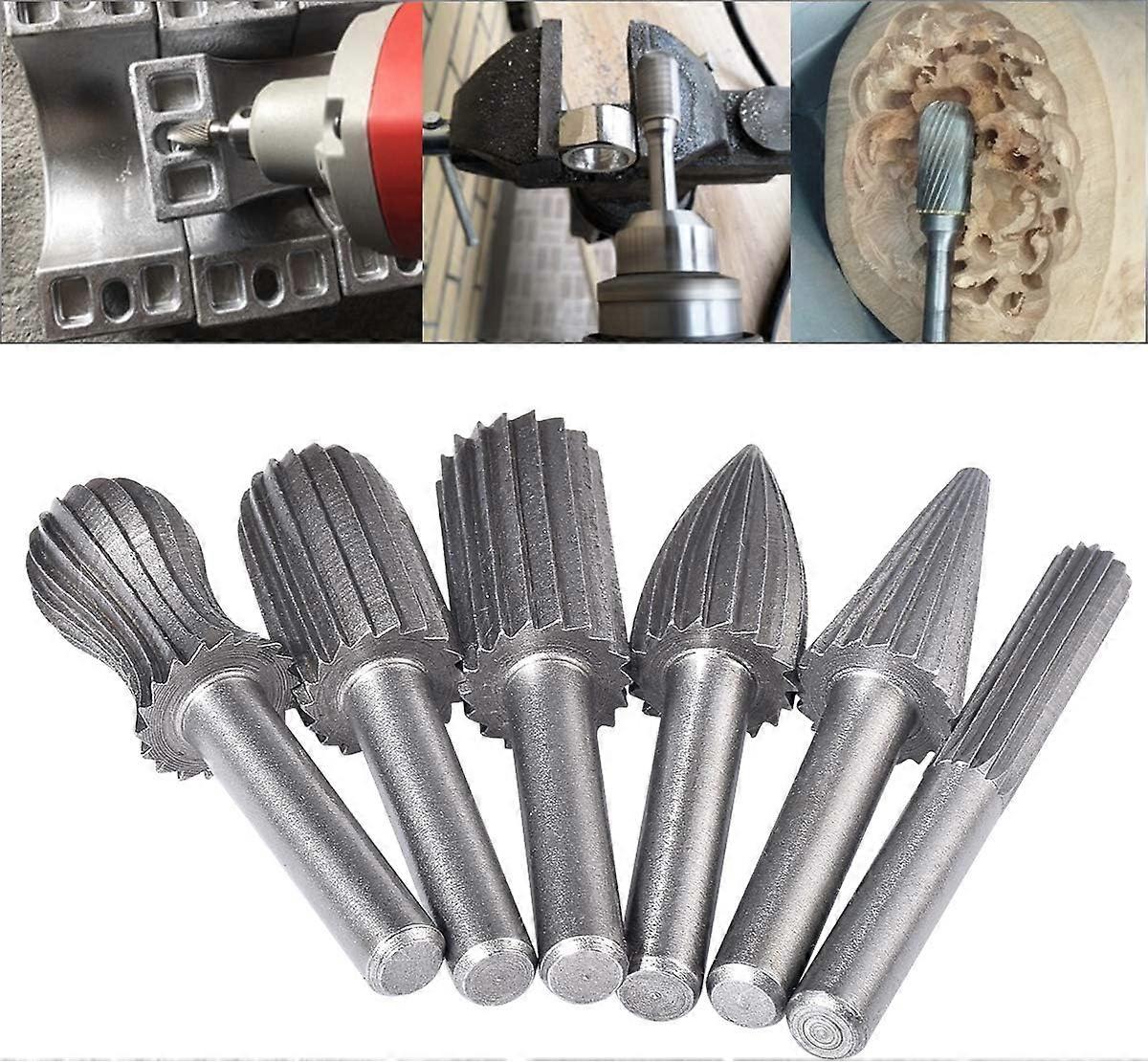 6-Pack 6mm Double Cut Tungsten Rotary Burs Tungsten Shank Filing / Engraving / Grinding Bits for Rotary Tools