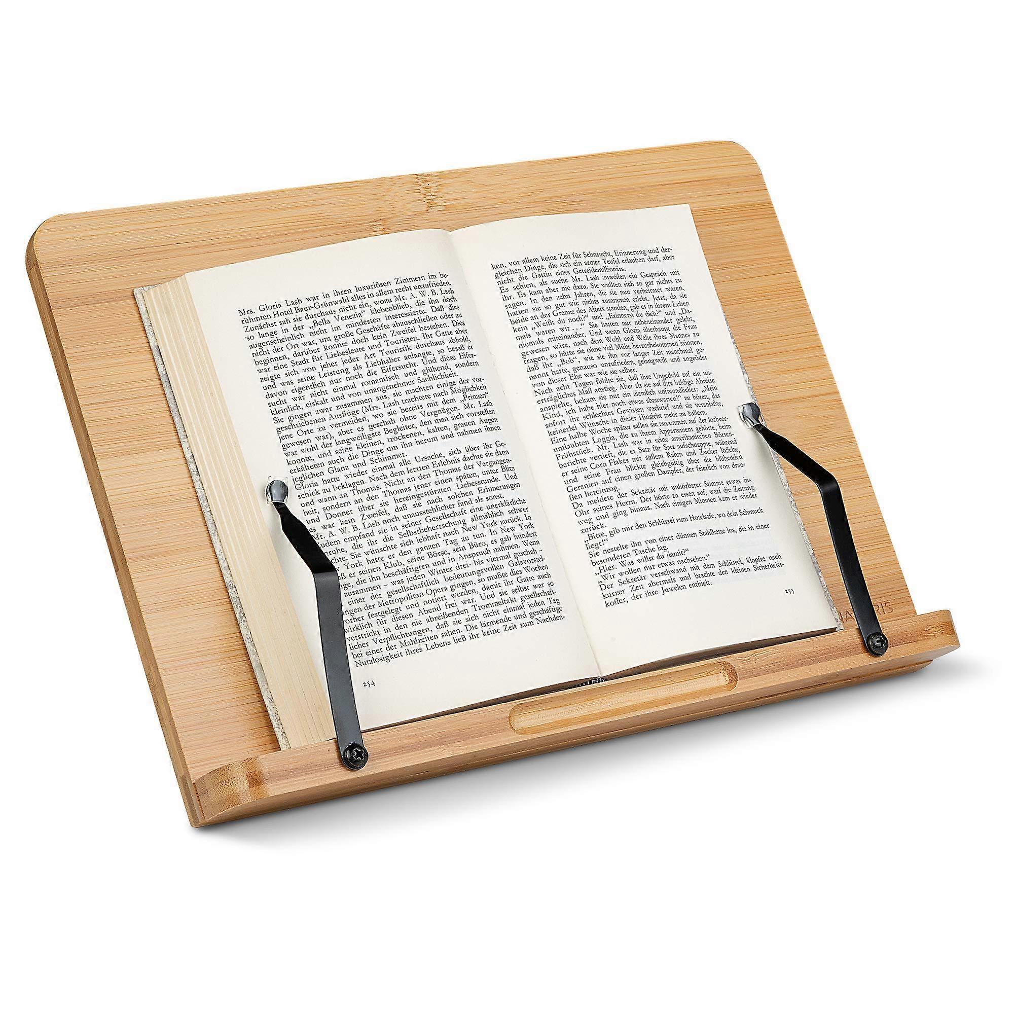 Bamboo Book Stand Hands-Free Reading For Cookbooks And Tablets, 2 Adjustable Metal Page Holders With Grips
