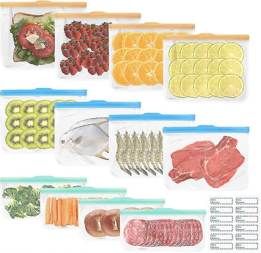 أكياس فريزر سيليكون قابلة لإعادة الاستخدام + ملصقات الفريزر ، أكياس الطعام القابلة لإعادة الاستخدام Bpa خالية ، صديقة للبيئة ومقاومة للتسرب أكياس Ziplock مع إغلاق الرمز البريدي الثلاثي - 12 حزمة