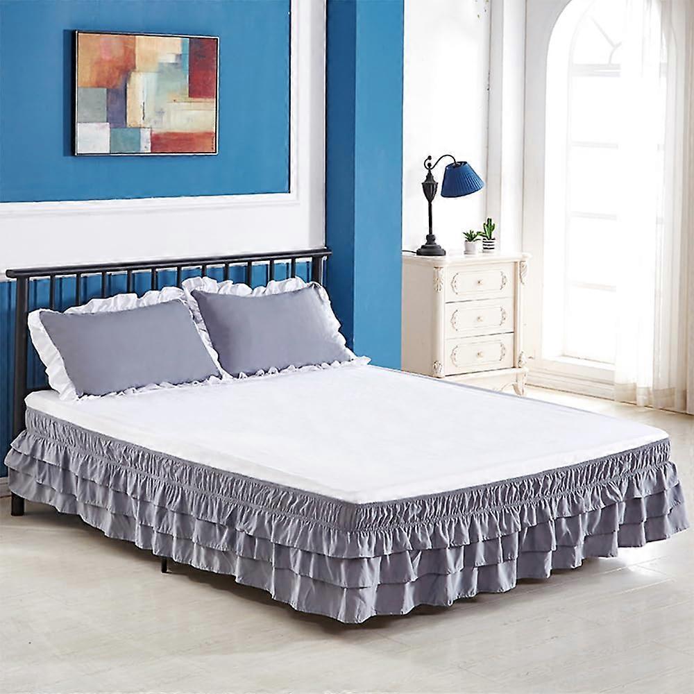 Gray Ruffle Bed Skirt 3 Layer Ruffles, 15 Inch Drop, Elastic Wrap Around Bed Skirting King Size, Dust Ruffle, Machine Washable