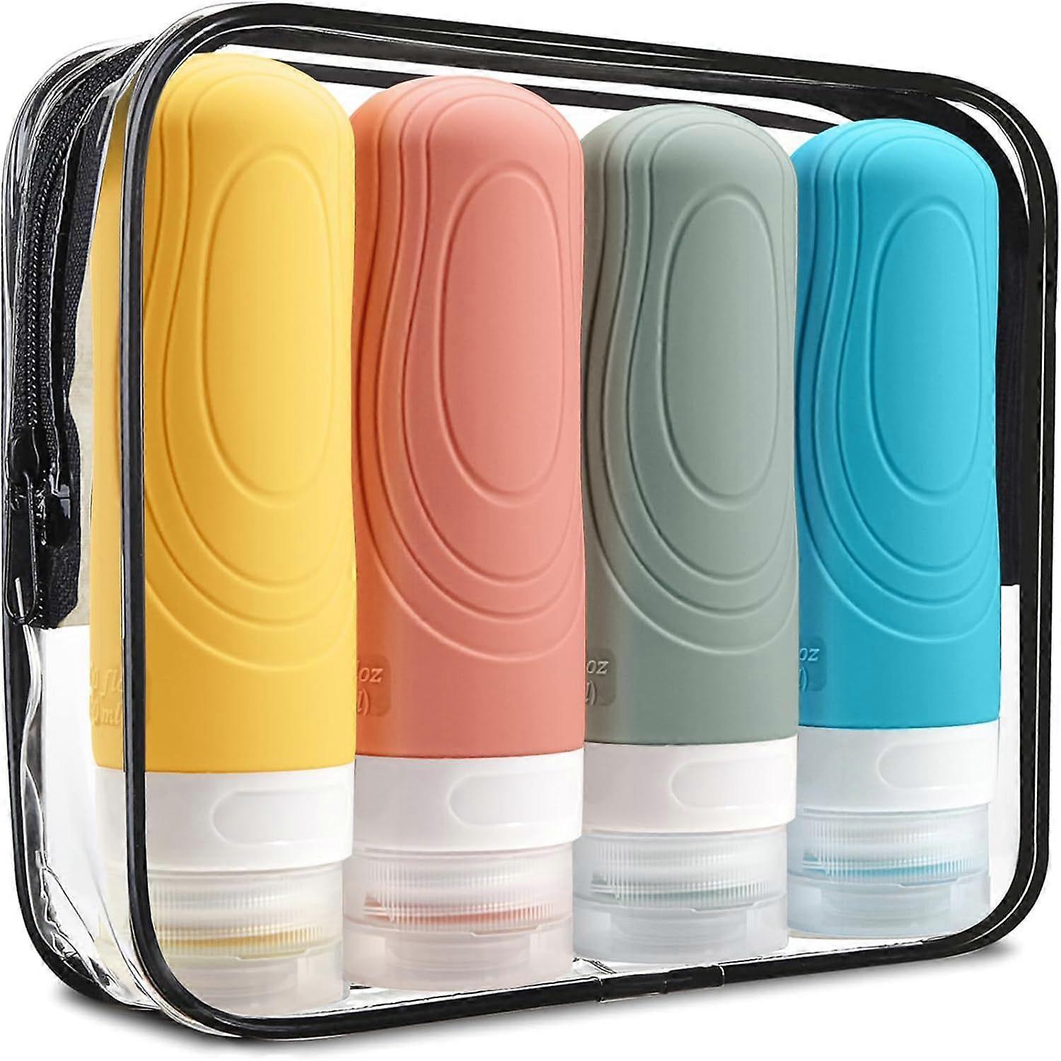 Approved travel toiletry bottles, 3 oz size leak-proof silicone containers for shampoo, conditioner, easy to squeeze and portable, travel essentials (
