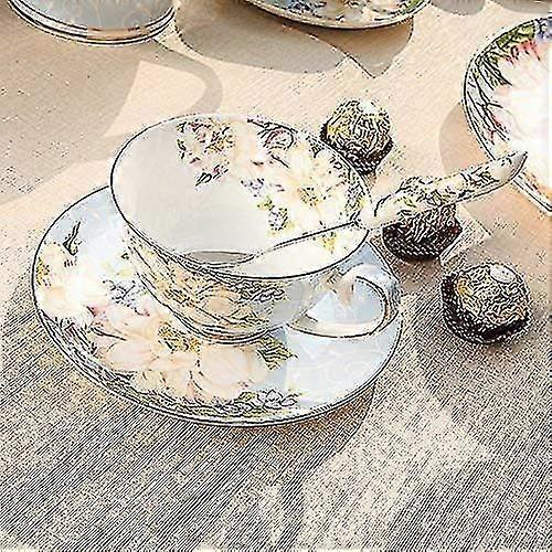 ヴィンテージファインボーンチャイナティーカップスプーンとソーサーセットゴールドトリムファインダイニングとテーブルデコレーション(ブルーロス