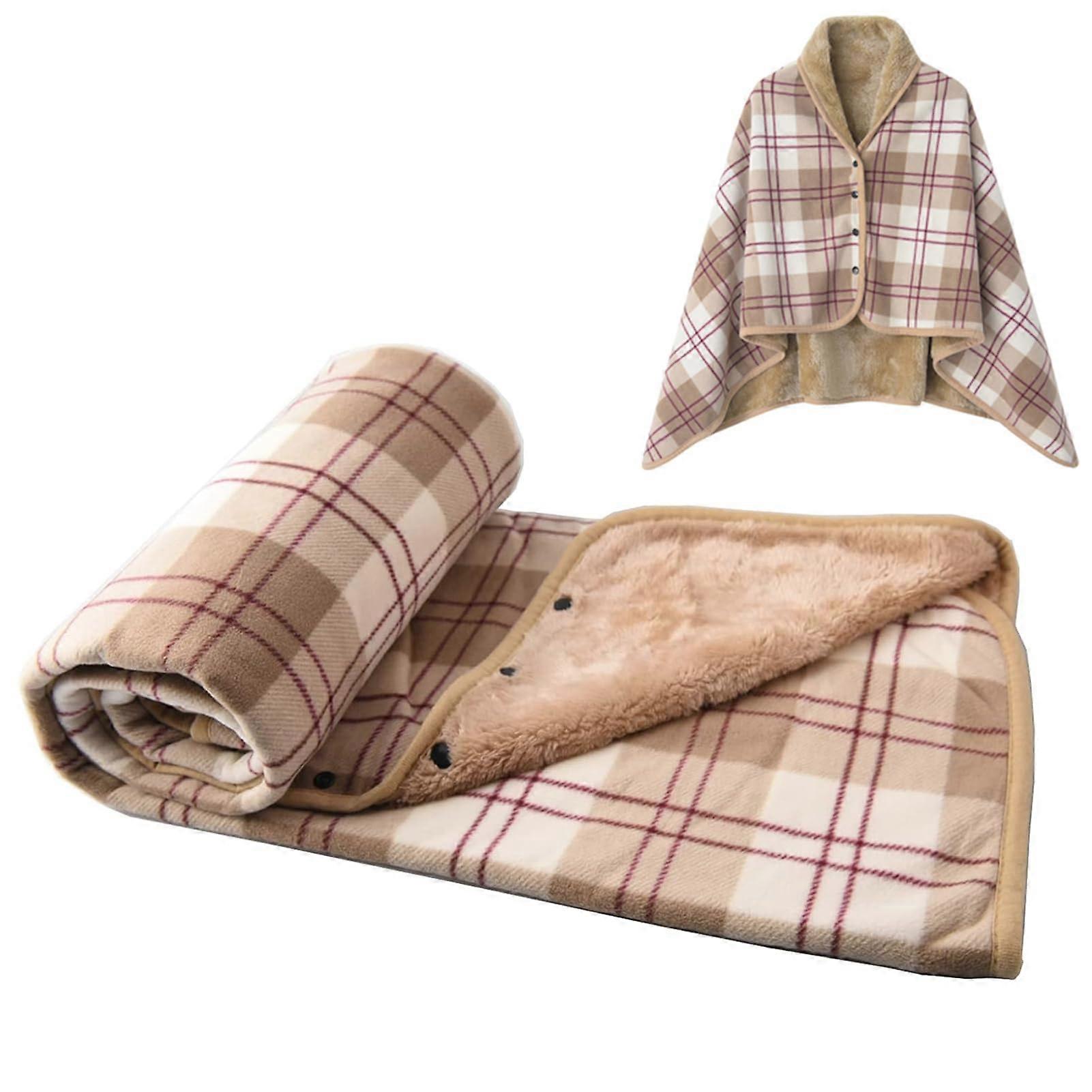 Fleece Wearable Blanket Plaid Lap Blanket Poncho With Buttons For Bed Sofa Office Brown White