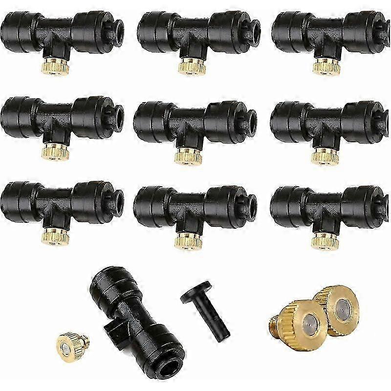 1/4' Locking Misting Nozzle Kit 12X Brass Misting Nozzles 0.3Mm 10/24 Unc + 10X Nozzle Tees + 1X Cap, Mist Nozzles for Patio Misting System &My