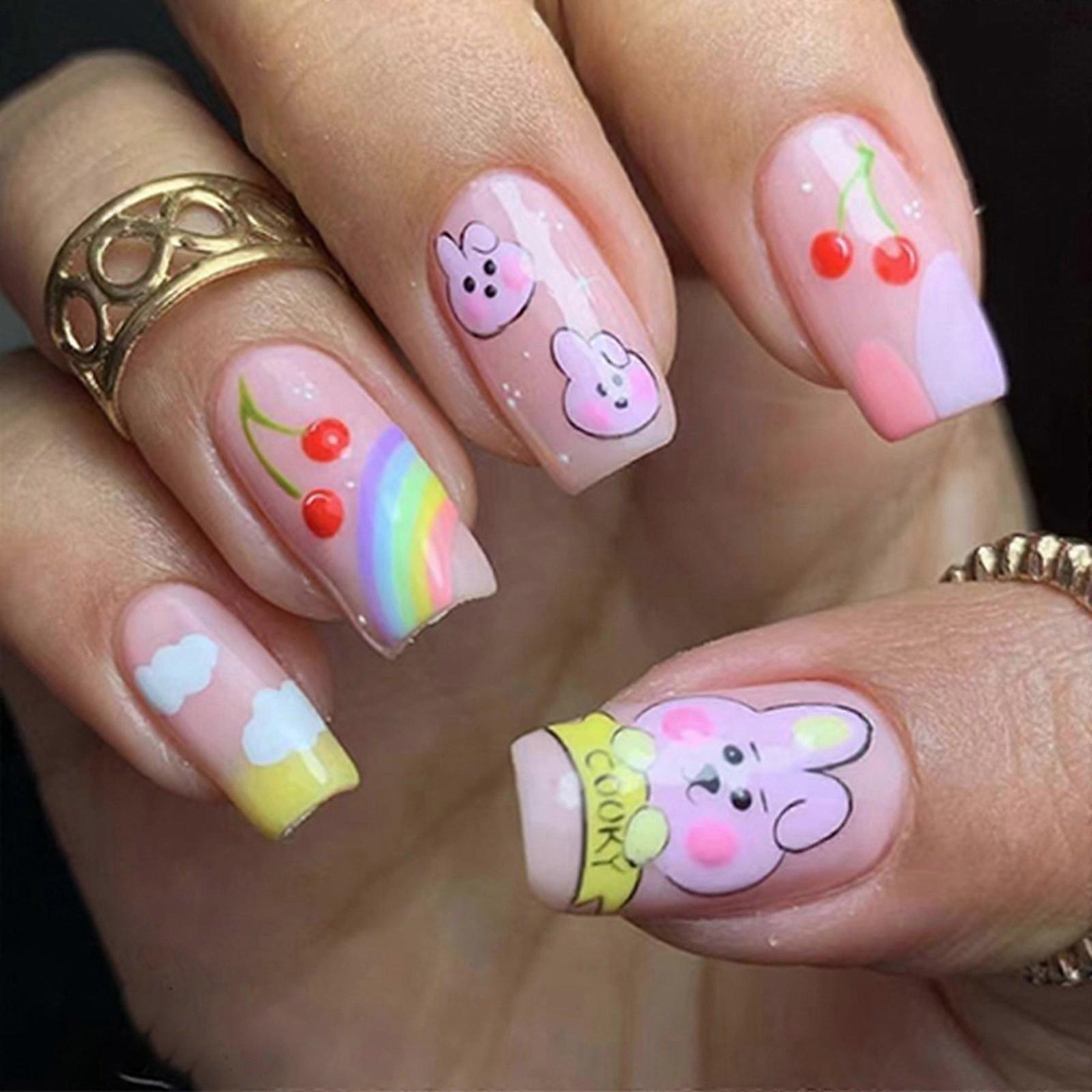 ネイルショートフレンチチップネイルスクエアネイルチップフェイクネイルイースターデザインの偽のネイルフルカバーアクリルネイルを押します