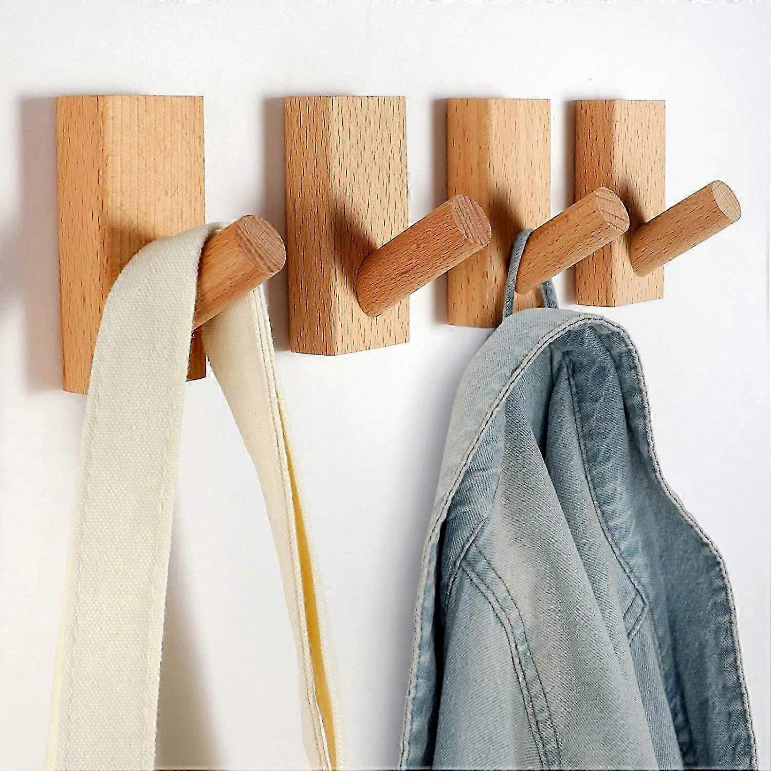 Set of 4 Wooden Wall Hooks, Durable Beech Decorative Hangers for Coats and Accessories, Rustic Farmhouse Design, Handmade Heavy Duty Wall Mo